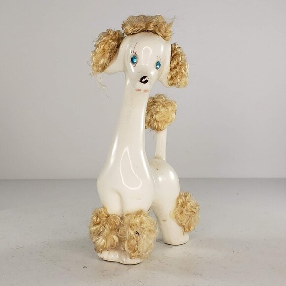 Mid Century Long Neck Poodle Figurine Blue Rhinestone Eyes Fuzzy Hair - Picture 2 of 7